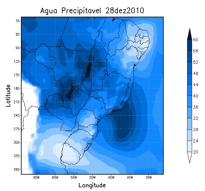 núcleos de máximos valores ocorrem sobre o leste do Mato Grosso, norte do Mato Grosso do Sul e parte da Bolívia e um segundo núcleo é observado no oceano Atlântico Subtropical em direção ao