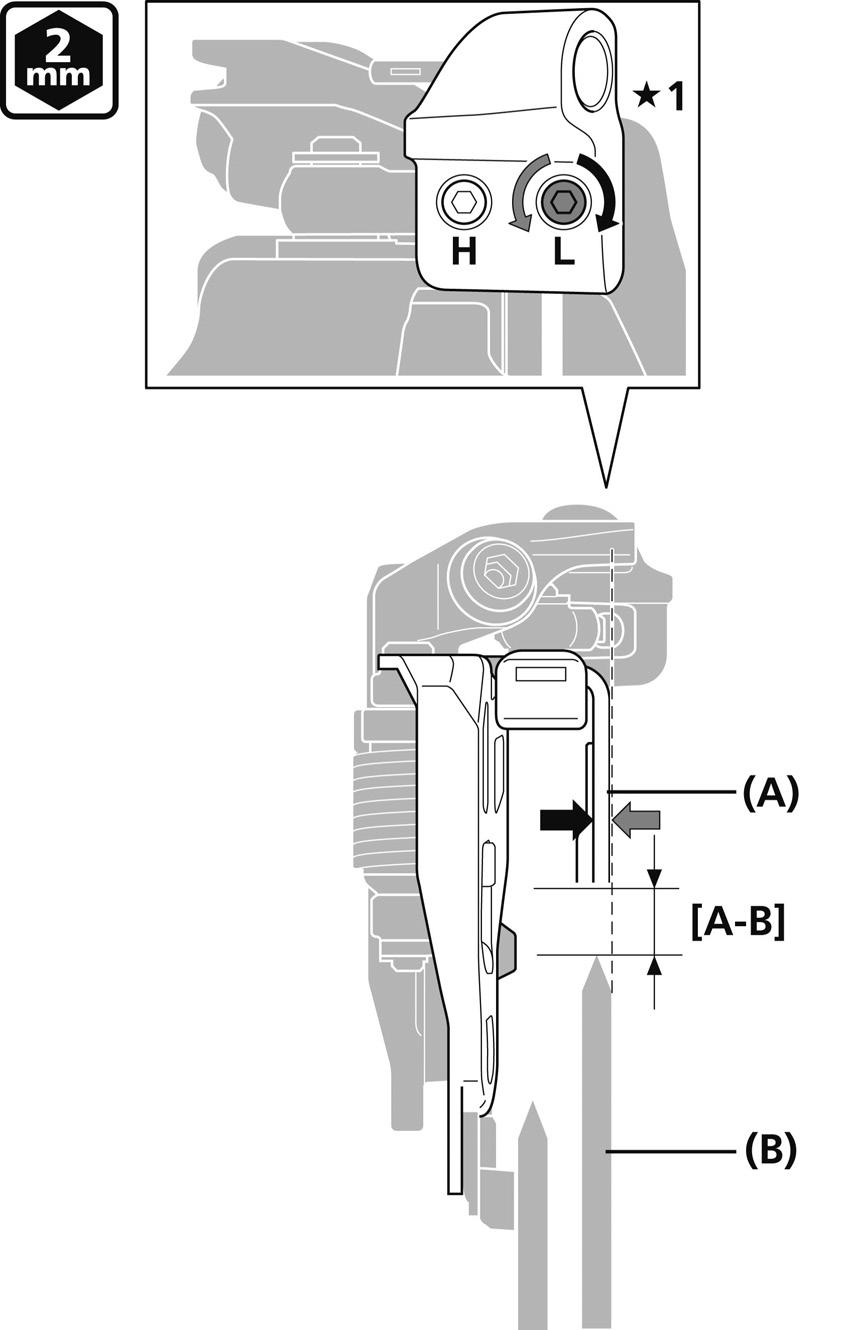INSTALAÇÃO 2. Ajuste o parafuso de ajuste inferior e alinhe a parte plana da placa exterior do guia de corrente paralelamente à superfície plana da roda da pedaleira maior.