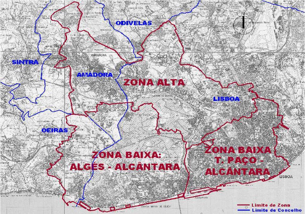 Figura 6.2 Sistema de Alcântara: Zona Alta e Zona Baixa (que inclui as zonas de AlgésAlcântara e Terreiro do PaçoAlcântara) (Galvão et al.,2006).
