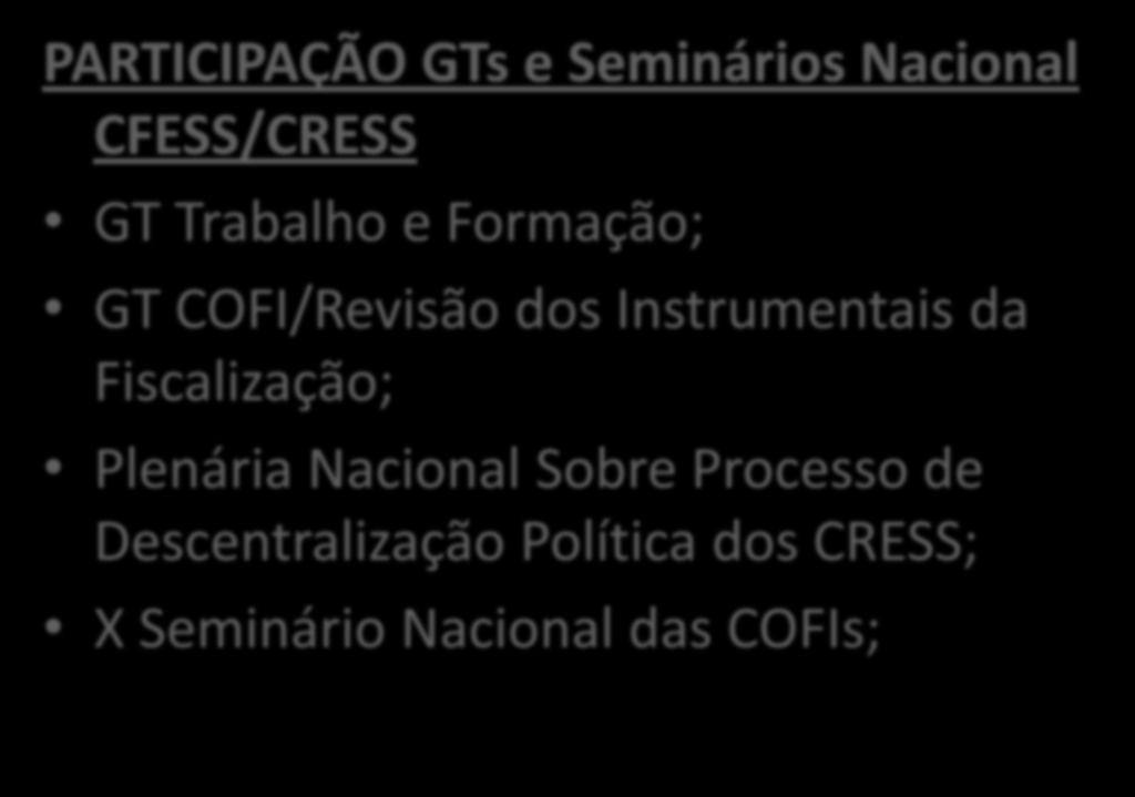 PARTICIPAÇÃO GTs e Seminários Nacional CFESS/CRESS GT Trabalho e Formação; GT COFI/Revisão dos Instrumentais da