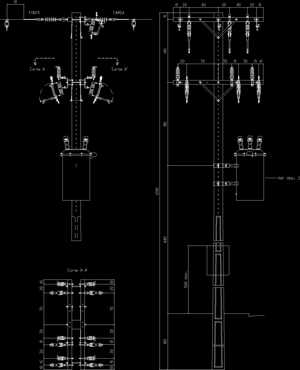 Montagem de Redes de Distribuição - Equipamentos Especiais Religadores instalados perpendicularmente à linha e SEM AFASTAMENTOS PADRONIZADOS OBS.: 1. Medidas em centímetros 2.