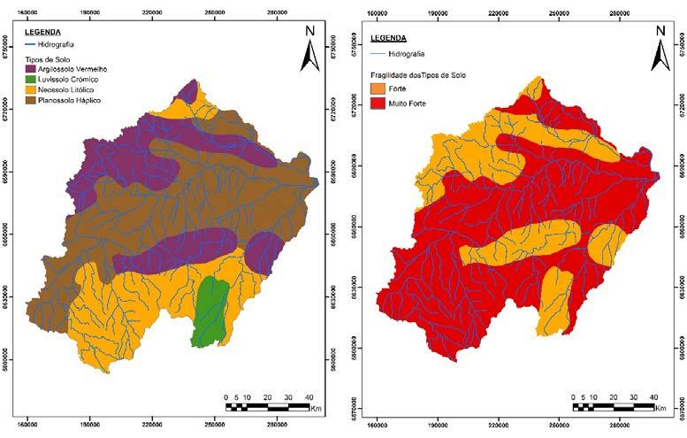 Mapa de tipo de solo Mapa de Classe de Fragilidades Figura 5: Mapa de tipo de solo e mapa das Classes de Fragilidades Gráfico 3: Porcentagens de área nas classes de Fragilidades definidas pelo tipo