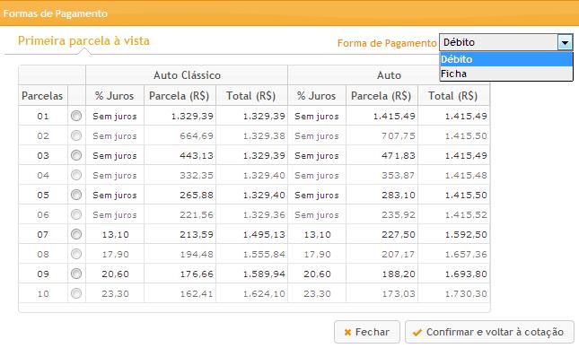 6) Forma de Pagamento: permanece seguindo a configuração feita pelo corretor no Configurações de Produtos.