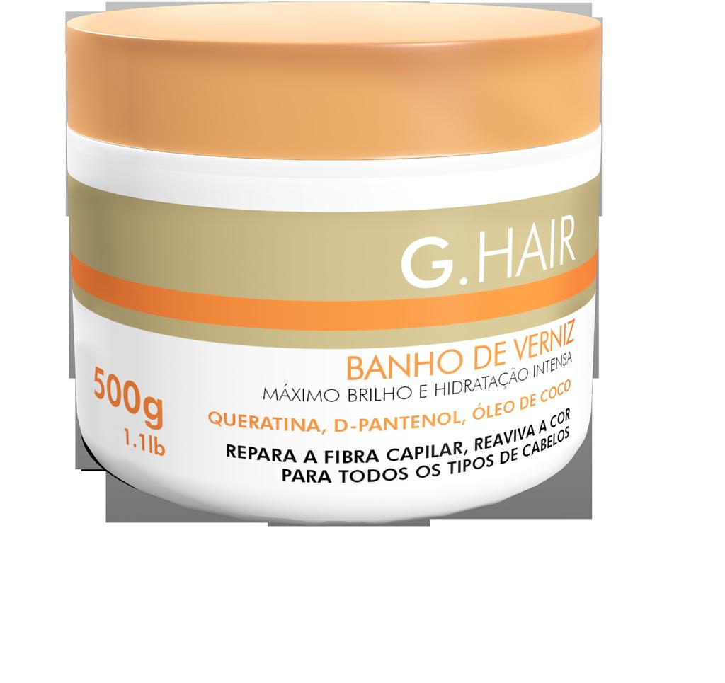 Banho de Verniz Com óleo de coco, D-Pantenol e queratina, a Máscara Banho de Verniz da G.Hair proporciona brilho máximo ao cabelos.