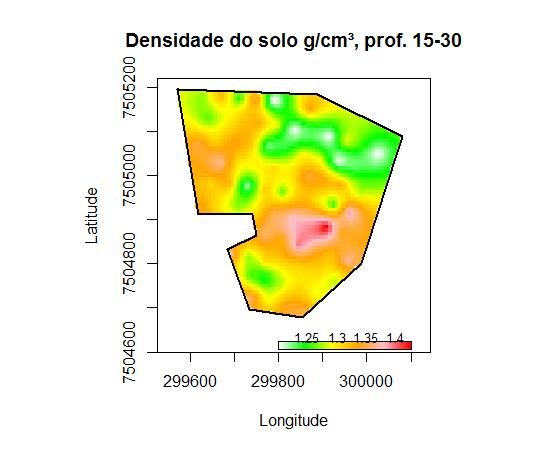 Figura 3: Mapas da distribuição espacial da probabilidade de ocorrência densidade do solo 0,15m e 0,30m, obtidos por krigagem.