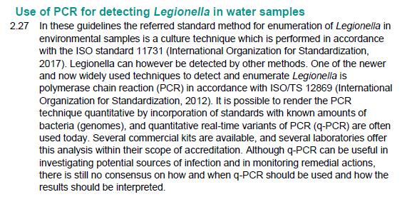 European Technical Guidelines for the prevention, control and investigation of infeccions caused by Legionella species (2017) O método de PCR em Tempo real pode ser útil na