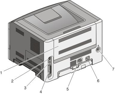 Para aprender sobre a impressora 11 1 Porta traseira 2 Porta Ethernet Nota: A porta Ethernet é um recurso apenas nos modos