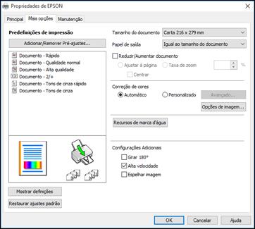 Seleção das opções de leiaute e impressão - Windows Você pode selecionar uma variedade de opções adicionais de leiaute e impressão para seus documentos ou fotos na guia Mais opções. 1.