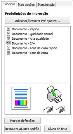 Você verá as opções de Predefinições de impressão disponíveis à esquerda: 2. Coloque o seu cursor sobre uma das Predefinições de impressão para ver uma lista de configurações. 3.