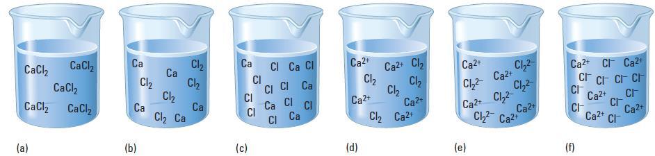O cloreto de cálcio quando está dissolvido dá origem aos íons Ca +2 e Cl -1, assim a alternativa correta é o item (f).