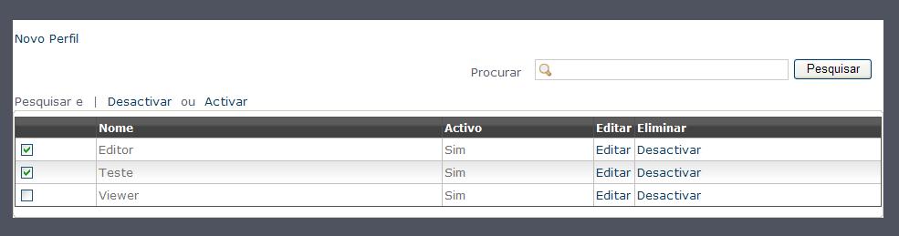 Surge uma janela a pedir a confirmação; 4. Clicar em OK para activar o(s) perfil(s) seleccionado(s); Resultado: O perfil é activado. Observações: N/D 2.4.4.4 Desactivar Esta funcionalidade permite desactivar um perfil.