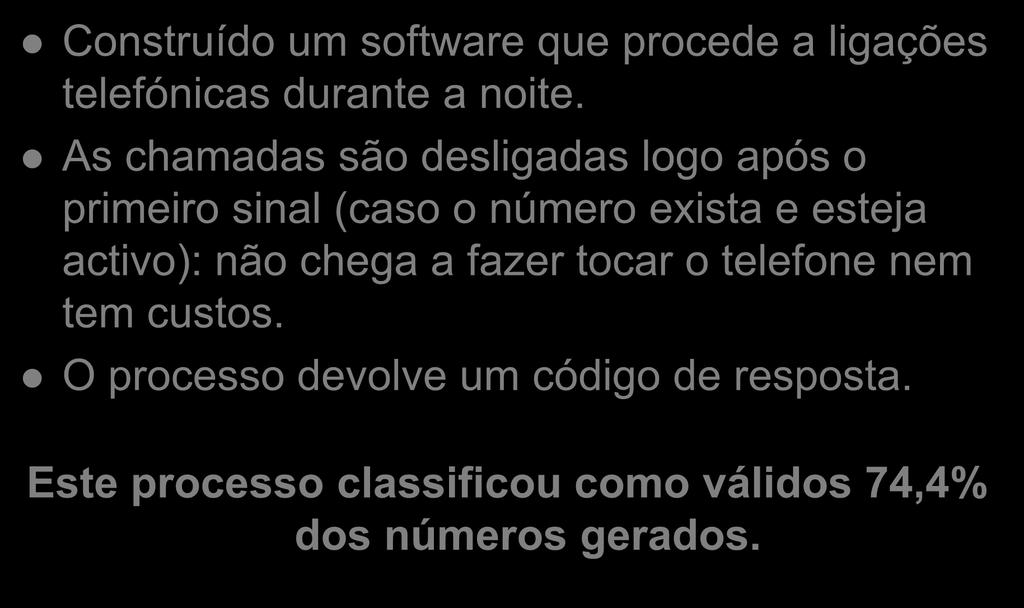 Métodos: validação automática Construído um software que procede a ligações telefónicas durante a noite.