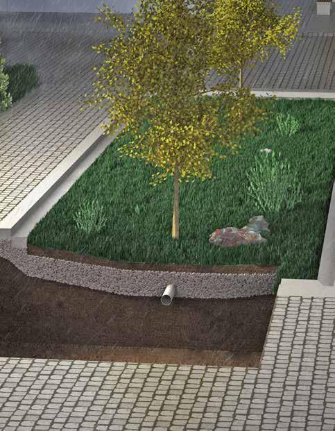 Uma camada de Leca num jardim de infiltração facilita a retenção ou infiltração de grandes quantidades de água.