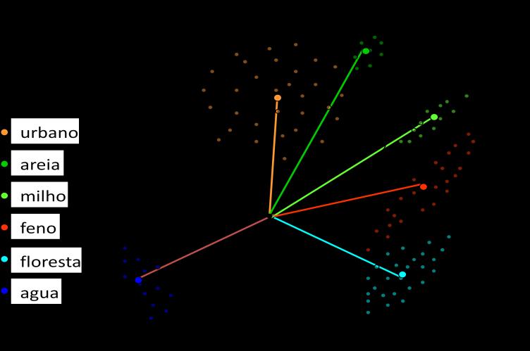 Prncípos e Aplcações da Deteção Remota A classfcação é realzada de acordo com a condção: x w se d(x,m ) < d(x,m j ) para todo j Com os dados da fgura 5.