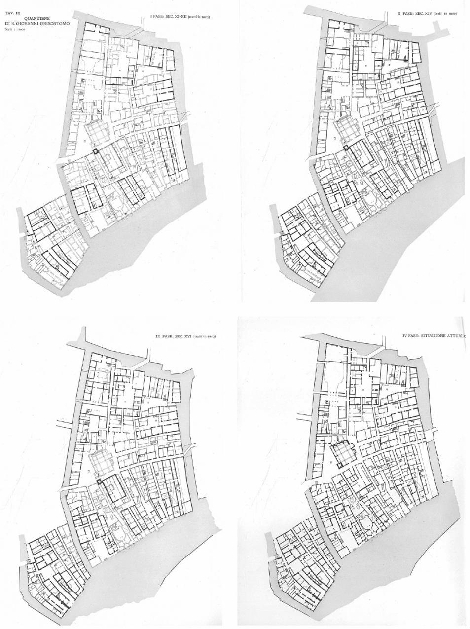 Morfologia urbana: diferentes abordagens 69 Figura 2. Studi per una operante storia urbana di Venezia Quartieiri di S. Giovanni Crisostomo, desde o século XI até aos anos 1950 (fonte: Muratori, 1959).