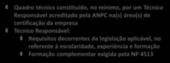 acreditado pela ANPC na(s) área(s) de certificação da empresa Técnico Responsável: Requisitos decorrentes da