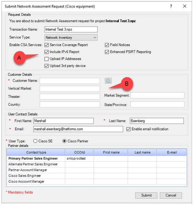 Note: As opções na seção Solicitar detalhes (A) permitem especificar as informações que você quer transferir para a Cisco.