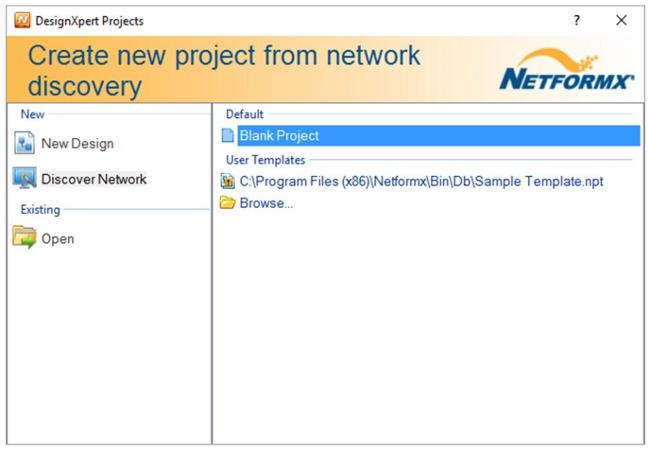 2. Digite um nome para o projeto, e clique em OK. A interface das configurações de descoberta padrão do Netformx será exibida: 3.