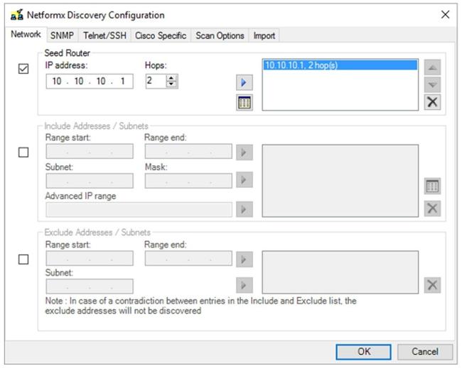 4. Clique em Configurar na tela Configurações de descoberta do Netformx e a janela Configuração de descoberta de Netformx será exibida com a guia Rede exposta.