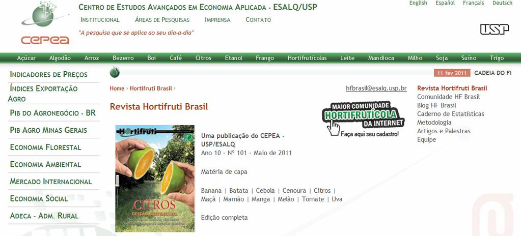 Página da Hortifruti Brasil no site