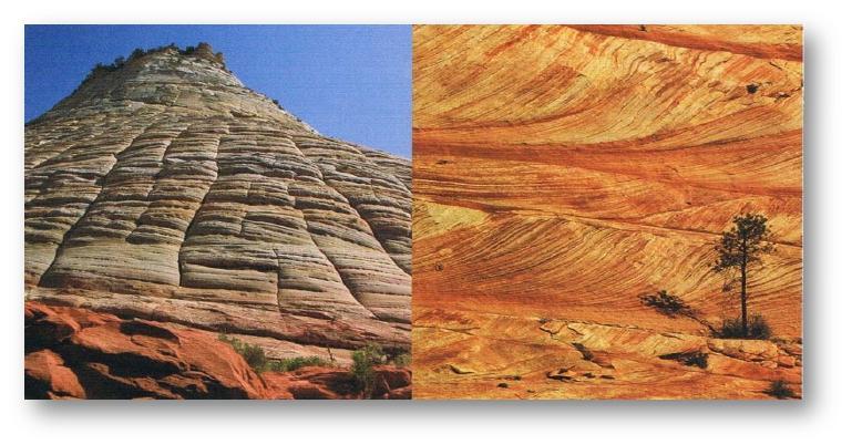 Arenitos com milhões de anos, que apresentam um padrão de deposição semelhante às actuais dunas.
