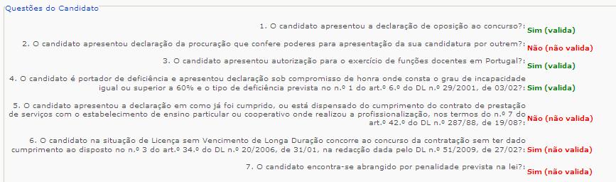 3 APERFEIÇOAMENTO 3.1 Questões O candidato poderá consultar a validação efetuada pelo agrupamento de escolas ou escola não agrupada, relativamente à área Questões.