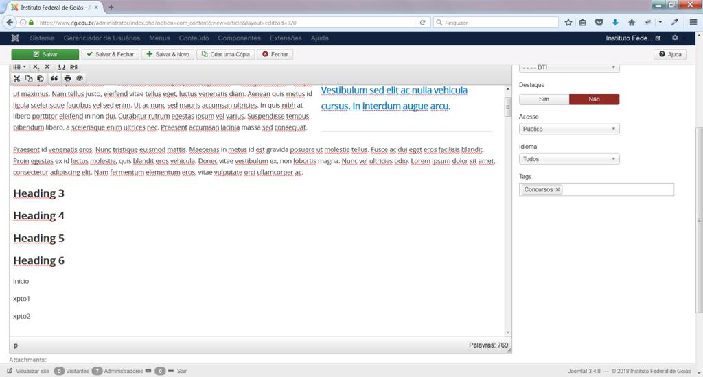 Obs.: No editor de texto do Joomla,