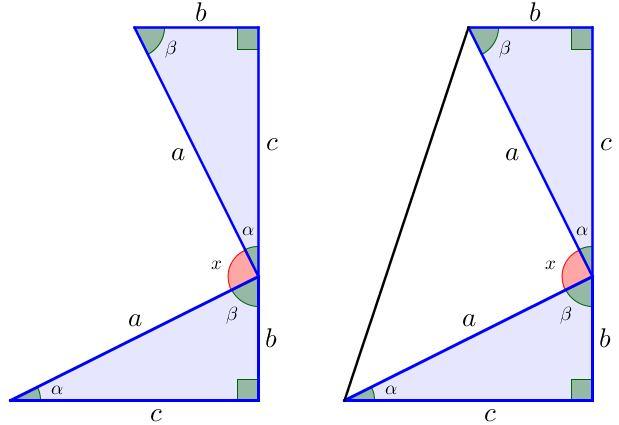 Figura 4 Construção geométrica da demonstração. Precisamos mostrar que o ângulo x tem medida de 90º, para confirmar a afirmativa de que o terceiro triângulo (triângulo maior), é também retângulo.
