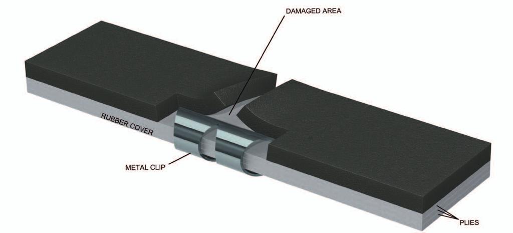 Para garantir uma boa adesão, torne mais ásperos os grampos metálicos. Mantendo o bico do RubbaFIX MELTA em contato com a correia, preencha com composto a área a ser reparada. Deixe secar.