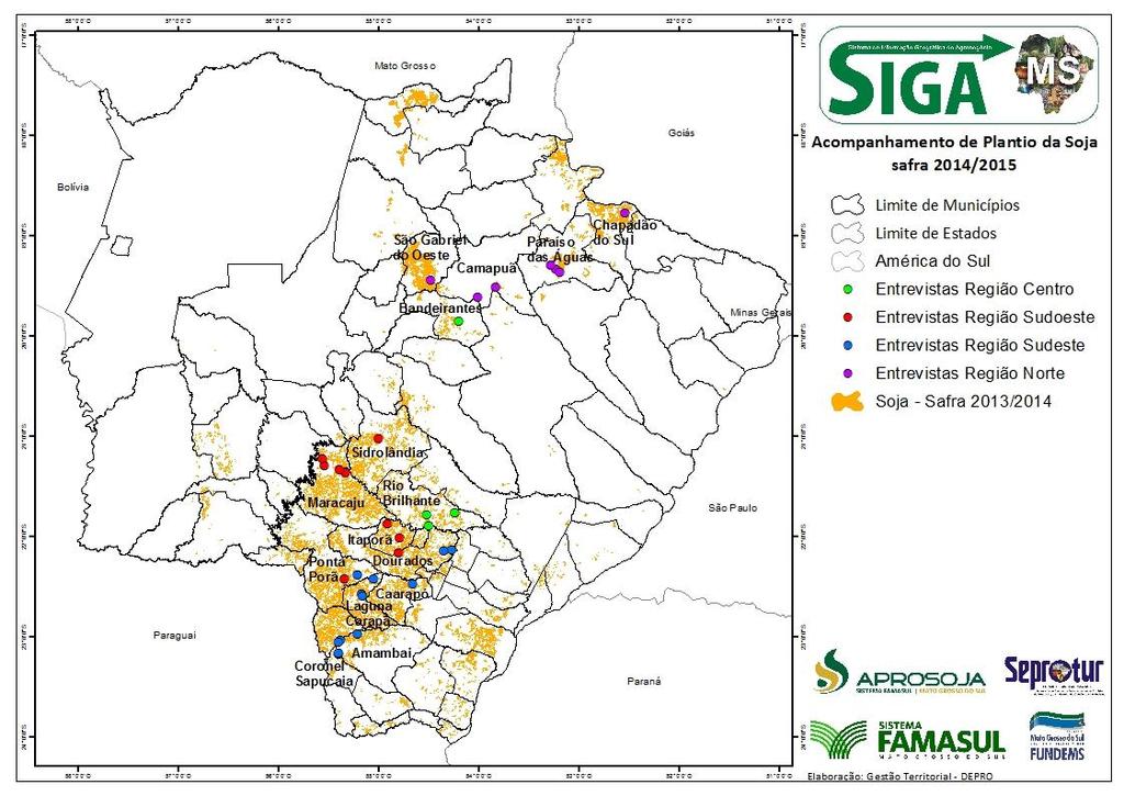 No mapa 1 observa-se as 32 localizações visitadas pelos técnicos entre os dias 10 e 13 de novembro, onde foram realizadas as entrevistas de acompanhamento de plantio da soja safra 2014/2015.