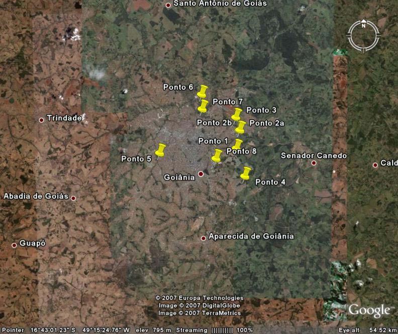 126 A Figura 5.1 apresenta parte do mapa com a localização da cidade de Goiânia, de cidades vizinhas e dos oito pontos onde foram realizadas as vistorias.