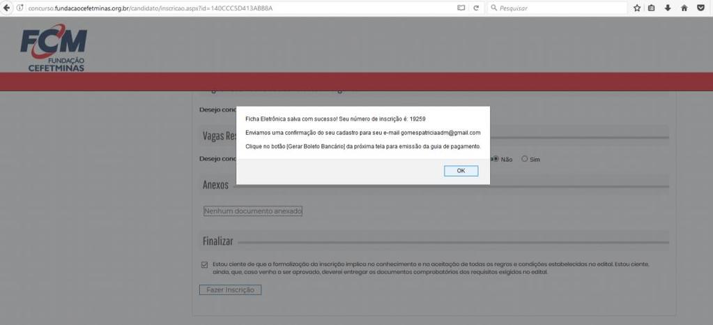 20) Após clicar em FAZER INSCRIÇÃO, será aberta uma caixa de