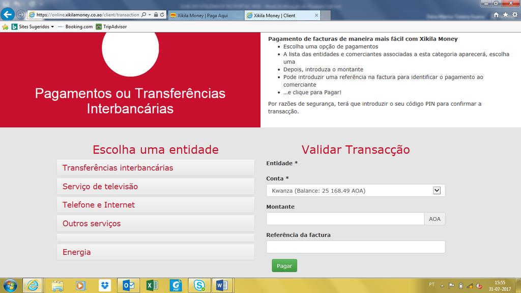 Clicando em Pagamentos ou Transferências Interbancárias, poderás efectuar Pagamentos a várias entidades (como por exemplo Ende pré-pago, Dstv, Zap, comprar Recargas telefónicas, etc.