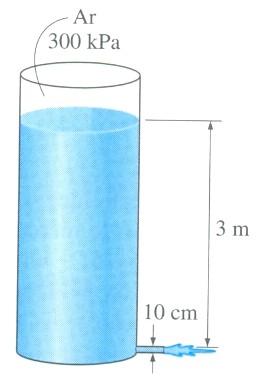 9) Um tanque pressurizado de água tem um orifício de 15) Um cotovelo redutor é usado para defletir de 3 o 1 cm de diâmetro na parte inferior, onde a água é escoamento de água a uma taxa de kg/s em um