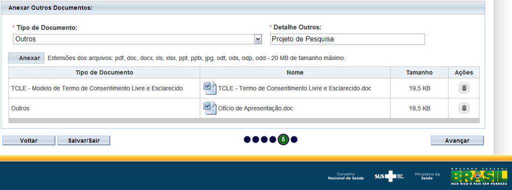 documento original em formato *.doc, *.docx ou *.pdf. Procedimento para anexar o Projeto de Pesquisa original na Plataforma Brasil Na 5ª etapa.
