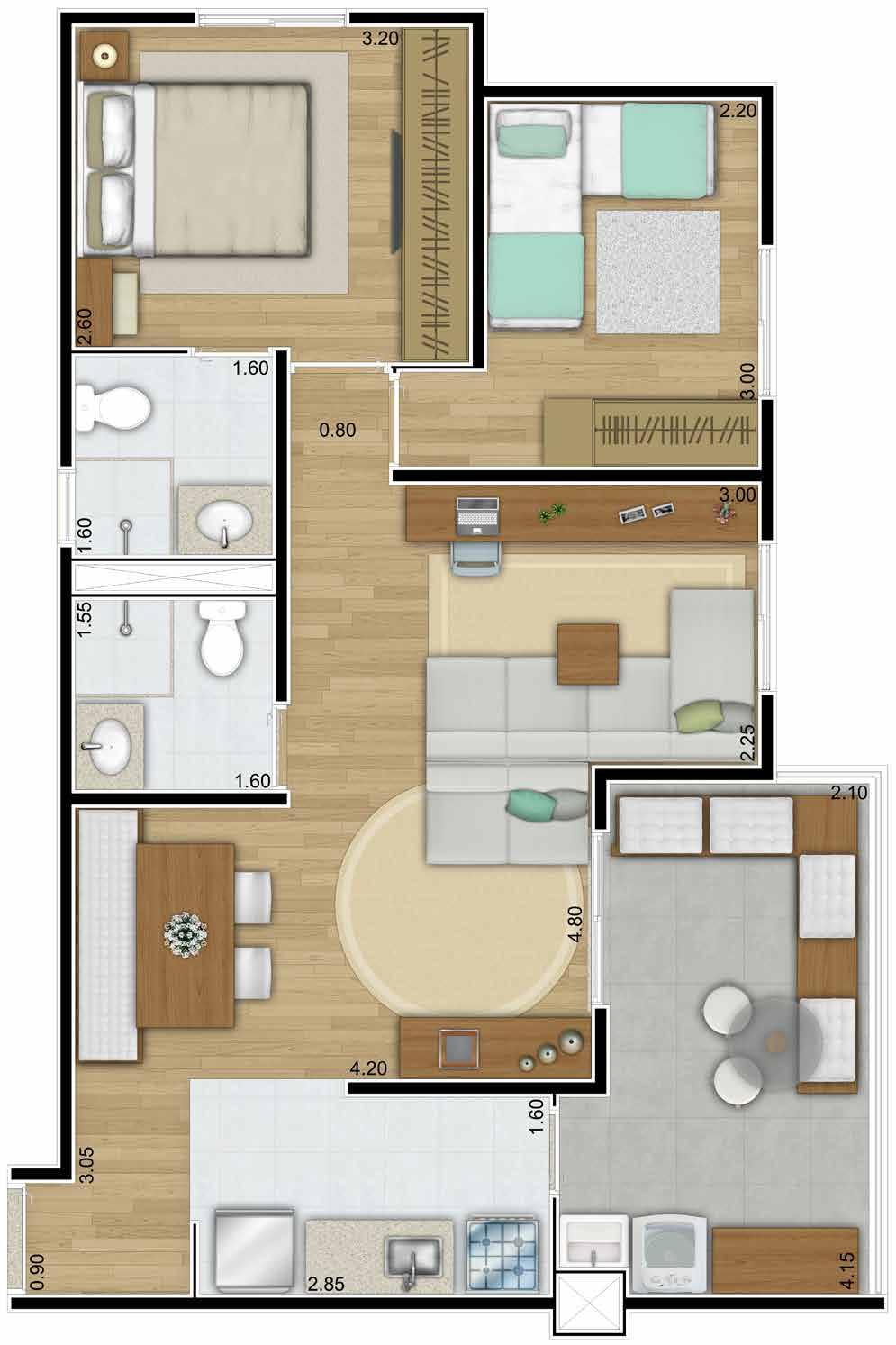 2 DORMS. 63 M 2 SALA AMPLIADA RUA IBIARA Planta ilustrativa com sugestão de decoração. Os móveis e utensílios são de dimensões comerciais e não fazem parte do contrato de compra e venda do imóvel.