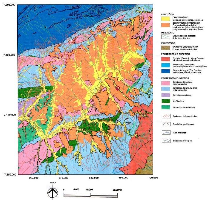 4 Local do Estudo 156 Os granitóides, de coloração cinza clara a esbranquiçada, são pobres em minerais máficos ferromagnesianos e ricos em minerais aluminosos leucocráticos (minerais que liberam