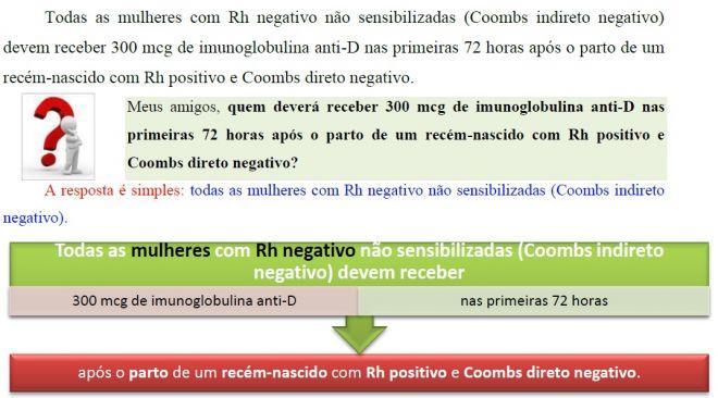a) I b) IV c) III d) II e III e) II e IV COMENTÁRIOS: Quando a mãe for Rh- não sensibilizada (Coombs direto negativo), tiver um filho Rh+, é indicado o uso da imunoglobulina humana específica Anti-D