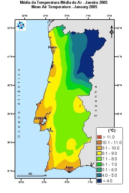 Os desvios em relação à normal variaram entre 2,2 C em Sagres e +,8 C em Portalegre.