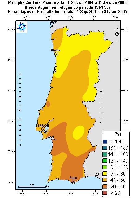 Precipitação acumulada desde 1 de Setembro 4 A quantidade de precipitação, acumulada desde 1 de Setembro de 4, em termos de percentagem, é inferior a 7% do valor médio em todo o território, sendo