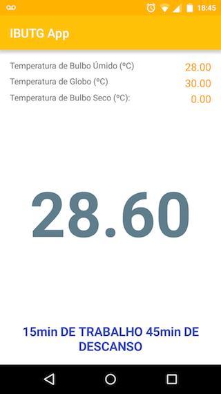 Figura 4 - Aplicativo IBUTG App em cálculo de IBUTG Considerando as atividades do laboratório como leves, os cálculos por meio do aplicativo para dispositivos móveis mostraram que em todos os pontos