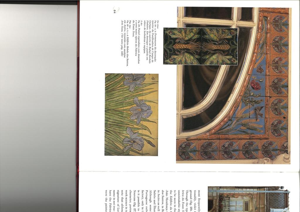 Reprodução da pág. 64 com as respetivas legendas. Em cima: Pormenores da decoração interior da Panificadora de Campo de Ourique, da autoria de Rafael Bordalo Pinheiro.