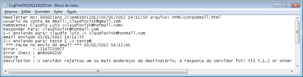 Arquivo de log com numeração O arquivo de log conterá o controle de numeração: HTML\CorpoEmail.