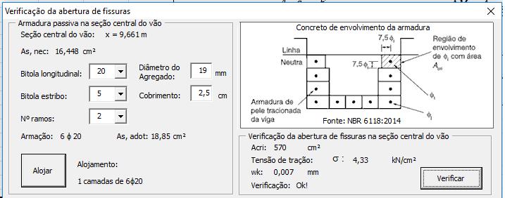 Então, é calculado automaticamente o valor da abertura das fissuras, pelas equações (3) e (4). Assim, é verificado o estado-limite de abertura das fissuras, ver Figura 10.