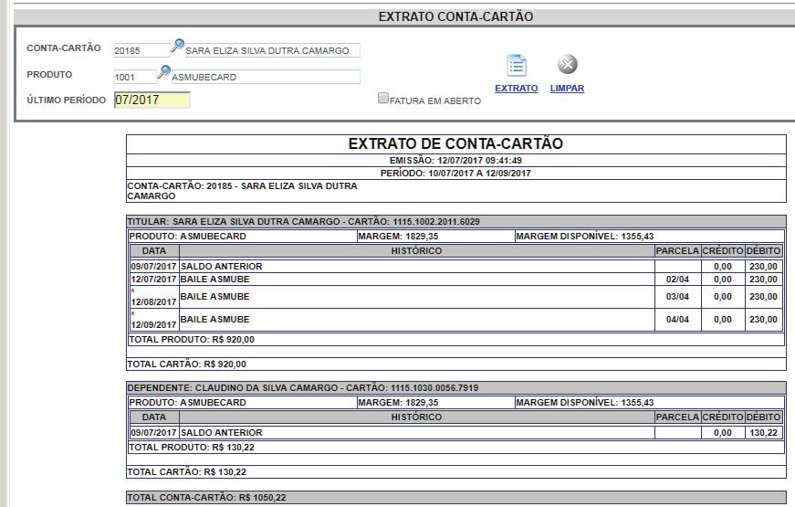 Seu demonstrativo será aberto em seguida: Extrato conta cartão - Compras