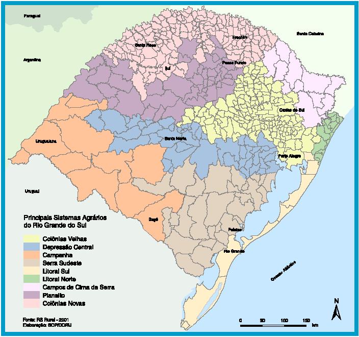 Figura 1: Mapa dos sistemas agrários do Rio Grande do Sul. Fonte: RS RURAL 2001. Conforme o IBGE PAM (2014), a área total plantada de batata-doce no Brasil, em 2014, foi de 40.383 ha.