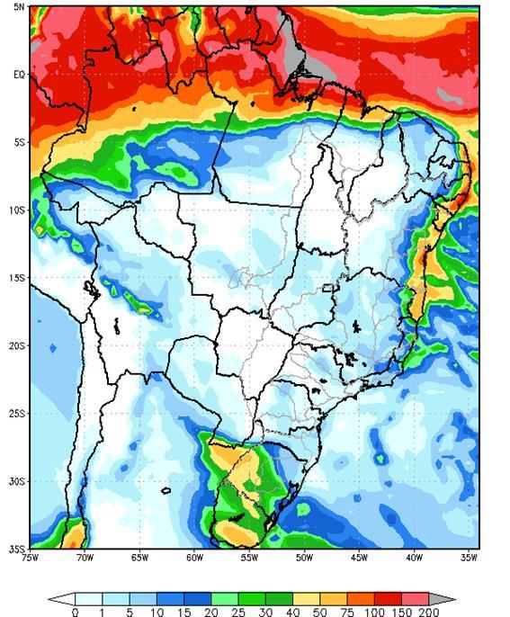 Figura 5 - Precipitação acumulada prevista pelo modelo ETA (CPTEC/INPE) para o período de 26/05 a 01/06/18 Nas bacias dos rios Paranapanema, Grande, Paranaíba e Iguaçu, e parte das bacias dos rios