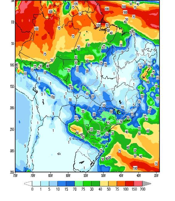 Figura 1 - Precipitação acumulada prevista pelo modelo ETA (CPTEC/INPE) para o período de 19/05 a 25/05/18 Nas bacias dos rios Paranapanema, Grande, Paranaíba e Iguaçu, e parte das bacias dos rios