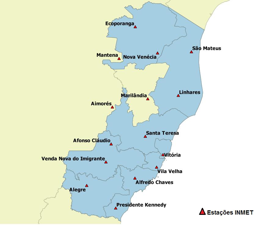 Figura 3 Localização das estações do INMET (triângulo vermelhos) utilizadas neste relatório.