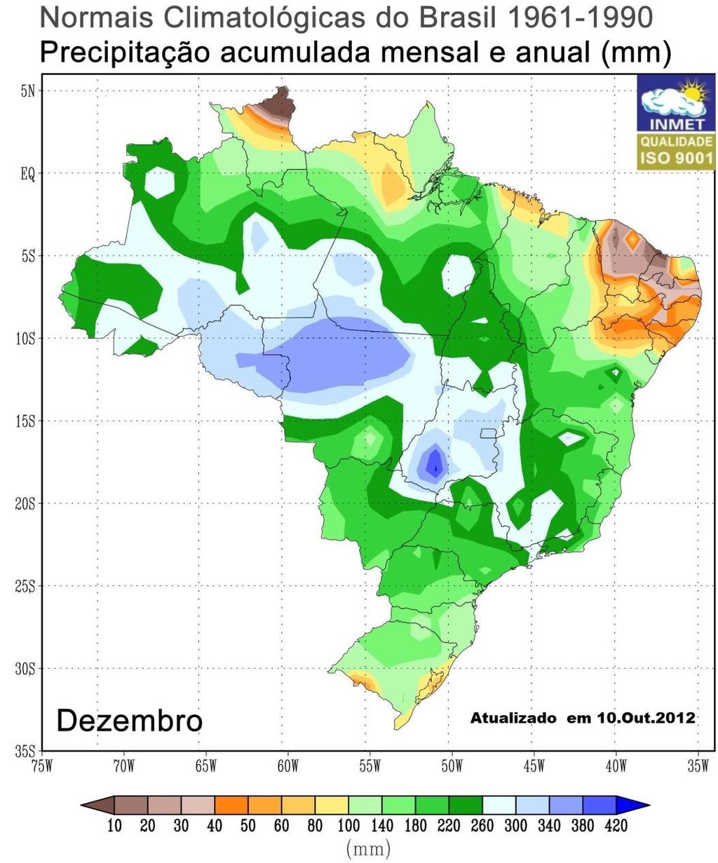 Figura 4 Média climatológica de precipitação mensal para dezembro. Fonte: INMET. Na Figura 5 são apresentadas as descargas atmosféricas (raios) nuvem-solo detectados pelo sistema Earth Networks.